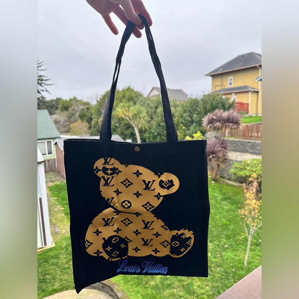 Black Canvas snap top Tote with Gold Bear Design HANDCRAFTED